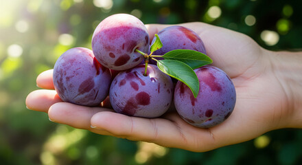 Blueberry In Hand Food Photography, Realistic Human Hand Holding Fresh Blueberries With Soft Natural Light And Blurred Orchard Background JPG