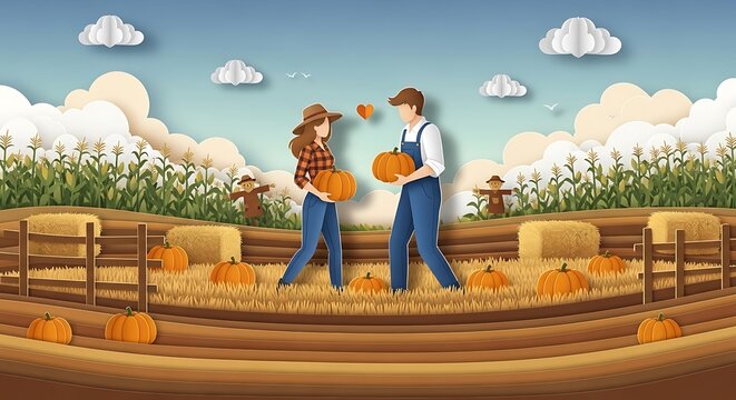 Couple Harvesting Pumpkins in a Scenic Autumn Farm Field with Hay Bales and Corn Stalks.