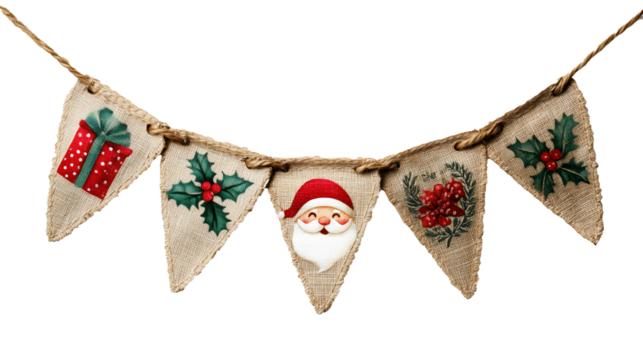 Christmas bunting banner with burlap pennants with santa claus, gift box, holly decorations hanging on rope with clothespins isolated on transparent background.