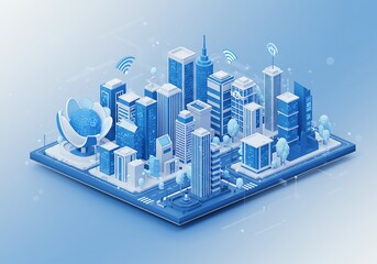 Isometric Smart City on Tablet with Wireless Connectivity.