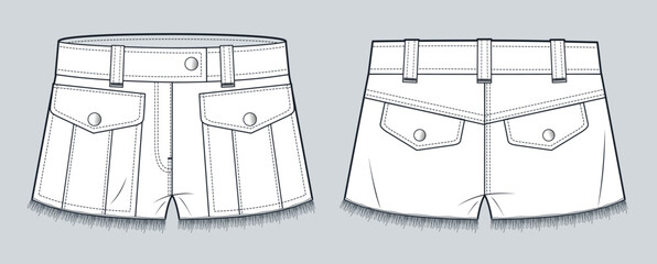  Low Waist Denim Hot Shorts with Front Flap Pockets Fashion Flat Sketch. Short Pants fashion flat technical drawing template, front and back view, white, women, men, unisex CAD mockup.