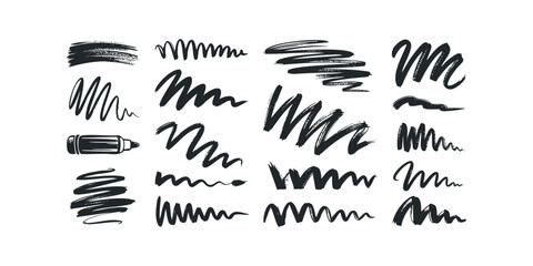 Black Marker Strokes and Scribbles Isolated on White