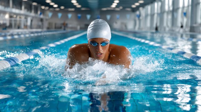 Determined swimmer training butterfly stroke in swimming pool