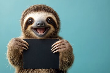 Fototapeta premium Animal ready for brand. Cute baby animal sloth hold in front paws a template - large dark black zoo sign. Smiling pet for promo. Isolated baby animal on a solid uniform blue background.