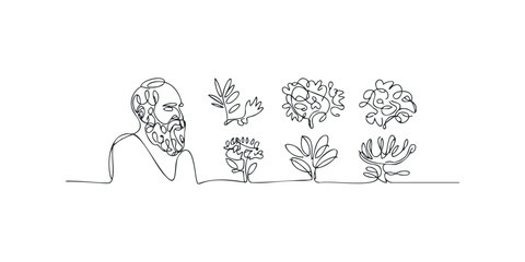 Continuous line drawing of bearded man and floral forms