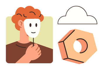 Red-haired individual holding a smiling mask, illustrating identity and emotions. Accompanied by a geometric hexagonal object and a cloud shape. Ideal for identity, emotions, creativity, change