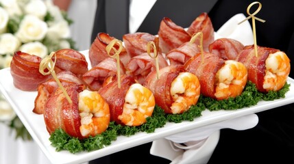 Catering event shrimp wrapped in bacon elegant venue food presentation luxurious atmosphere close-up view gourmet delight