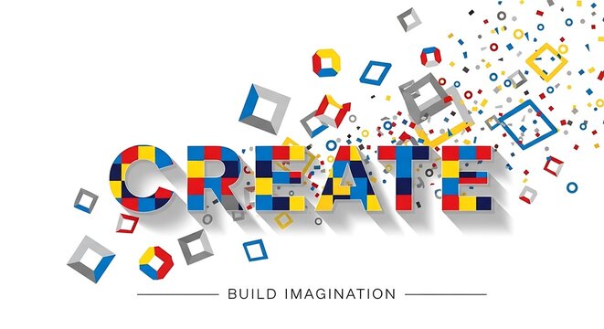 Colorful CREATE Text with Geometric Shapes for Imagination Building.