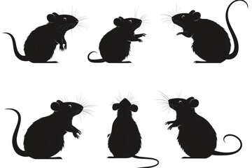 Black rat and mouse silhouettes standing and looking