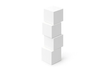 White cubes stacking, forming a stable tower. Abstract geometry demonstrating balance, construction, and growth on transparent background