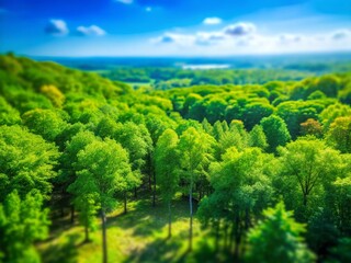 Miniature Summer Forest: Blue Sky, Lush Green Trees, Tilt-Shift Photography