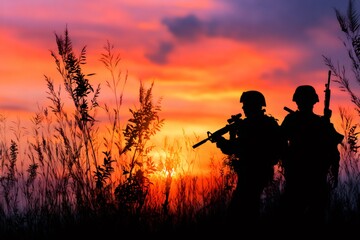 Fototapeta premium Soldiers patrolling at sunset backlit by colorful sky