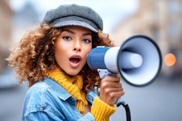 Young woman speaking into megaphone announcing news