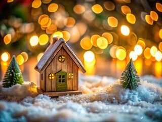 Miniature Wooden House in Snowy Christmas Scene - Low Light Photography