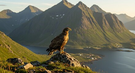 Majestic eagle perches on rocky outcrop with stunning mountain and lake vista at sunset