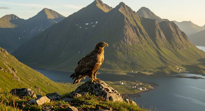 Majestic eagle perches on rocky outcrop with stunning mountain and lake vista at sunset - Powered by Adobe