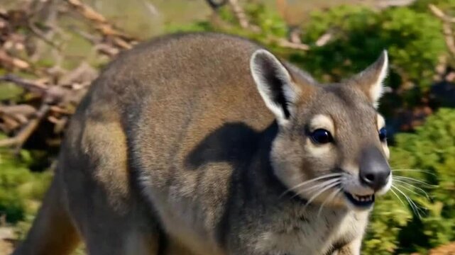 Small macropod bounding across arid landscape