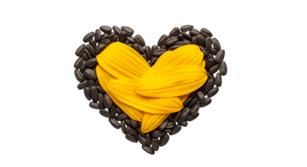 Sunflower seed heart with petals isolated on transparent background, love concept