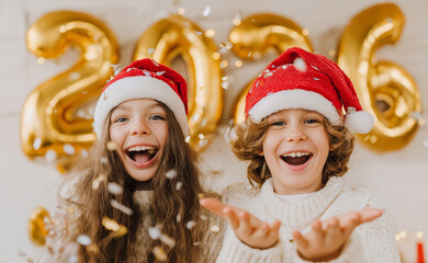 Happy kids wearing Santa hats outdoors, holding gold balloons 2026, winter background with snow, joyful smiles, Christmas and New Year mood