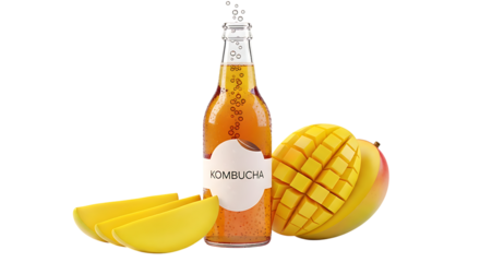 Mango kombucha bottle with fruit slices isolated on transparent background