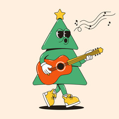 Vintage Christmas tree mascot with guitar, music notes. Vector illustration for branding, merchandise, holiday promotions
