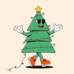 Vintage Christmas tree mascot with festive garland, smiling. Vector illustration for holiday branding, merchandise, promotional materials