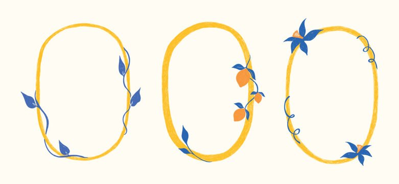 Hand drawn Italian postcard stamp set with lemons. Vintage Italy summer doodle border set. Whimsical minimal blue, yellow frames for menu, wedding, invitation. Coastal Isolated vector illustration.