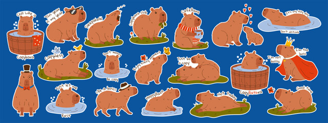 Cute capybara stickers set with text. Set of exotic rodents swimming in pond, relaxing, eating leaves, walking. Hand drawn vector illustration.