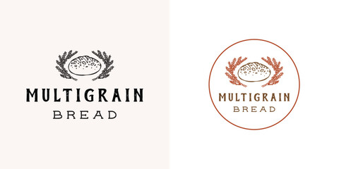 Multigrain and sprouted bread bakery product logo design element with quinoa seed wreath, classic retro illustration hand drawn style