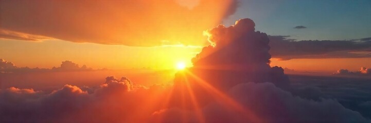 Golden Sunbeam Piercing Sunset Clouds Long Shadows, Warm Atmospheric Landscape Photography