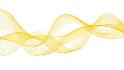 An abstract graphic features flowing, curving lines in shades of yellow-orange, resembling ribbons or sound waves. The background is a crisp white