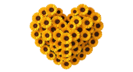 Heart shaped arrangement of sunflowers isolated on transparent background