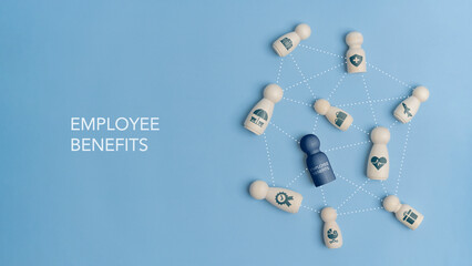Employee welfare concept, human resource management, wellness program and corporate support system. Stick figures connected by dotted lines with employee welfare icons on blue background.