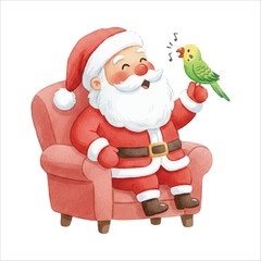 Santa with Parakeet Singing Watercolor Vector Illustration on White Background
