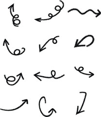 Artistic sketched arrows are pointing in various directions against a plain white transparent background