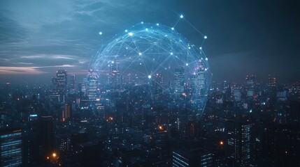 Dusk aerial view of a city with a glowing network sphere, representing global connection