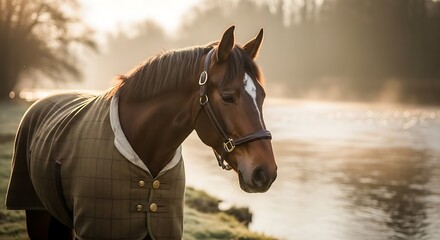 Obraz premium Elegant Horse in a Coat by the Water.
