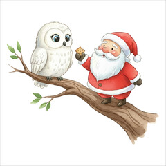 Santa Feeding Owl in Forest Watercolor Vector Illustration on White Background
