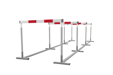 Athletic hurdles with red and white stripes arranged on a track for track and field racing isolated on transparent background
