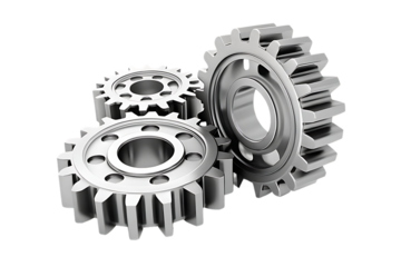 Close up of three metallic gears meshing together in a mechanical engineering concept isolated on transparent background