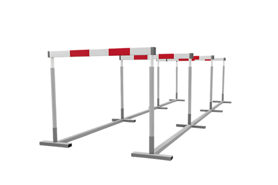 Athletic hurdles with red and white stripes arranged on a track for track and field racing isolated on transparent background - Powered by Adobe