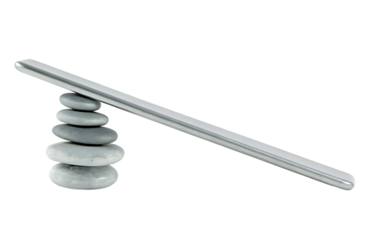 A balanced stack of smooth gray pebbles supporting a long metallic rod on a transparent background isolated on transparent background