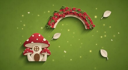Enchanting Mushroom House and Floral Archway on Green Background.