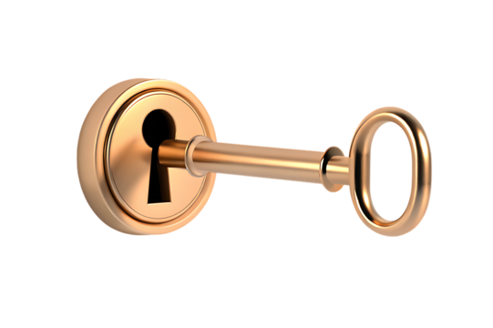 Antique brass key inserted into an ornate oval keyhole on a dark background isolated on transparent background