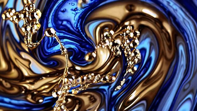 elegant 4K motion background featuring glittering ink fluid textures golden blue hues metallic sequins oil patterns blending beautifully abstract artistic movement