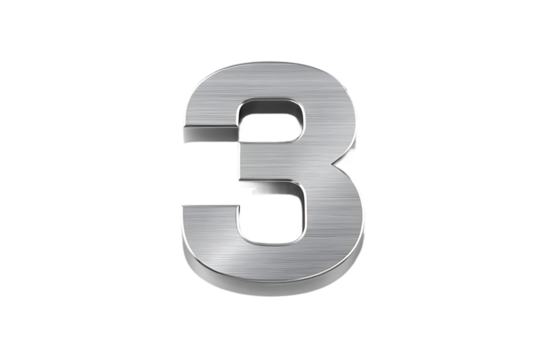 Metallic number three with brushed texture isolated on transparent background
