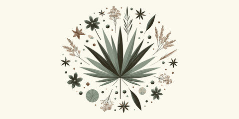 Ornate botanical composition featuring a hemp leaf at the center, encircled by delicate wildflowers, seeds, and foliage in a decorative folk art style