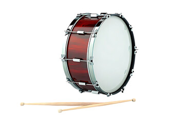 A deep red snare drum with chrome hardware and two wooden drumsticks isolated on transparent background
