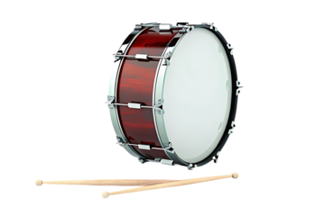 A deep red snare drum with chrome hardware and two wooden drumsticks isolated on transparent background