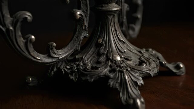 Base of a Silver Clock With Ornate Design on Wooden Table Close Up
